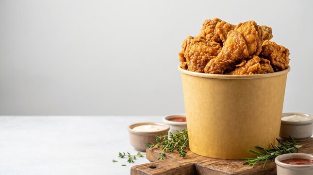Crispy fried chicken in a paper bucket with dipping sauces and herbs