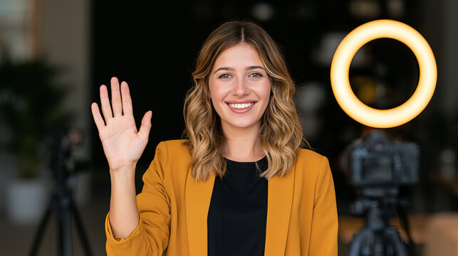 Young woman smiling and waving in studio with ring light background  