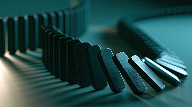 Black dominoes curve and fall in dramatic light, casting long shadows