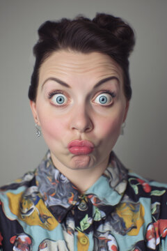 people of ai, yearbook photography of a person with dark hair in two space buns, wide-eyed puckered lips, wearing multicolor floral blouse, 1980s portrait blush, photorealistic BIG