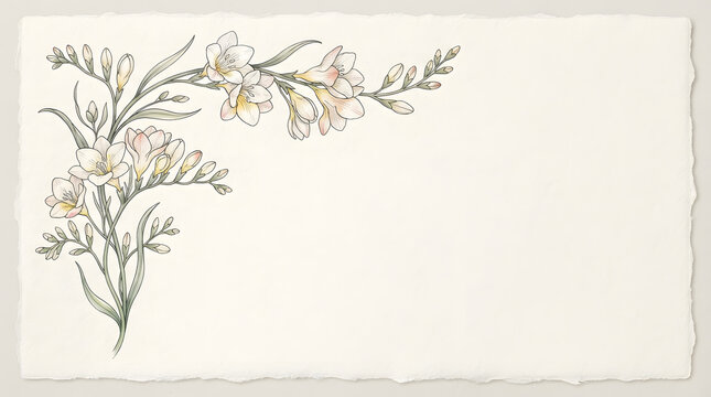 Watercolor freesia flower corner border. Hand painted floral frame on textured paper.