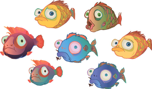 Set cartoon characters cute fish bright colors isolated on white background Emotions of animals. fish on hook, Underwater cartoon character sad animal drawing clipart illustration flat icon children