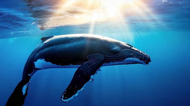 Underwater shot of a humpback whale gracefully swimming in sunlit, deep blue waters