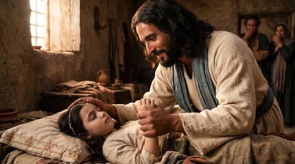 Fototapeta premium Jesus Christ raising Jairus daughter from the dead. Biblical man holding hands of a young girl in bed while parents watch in awe