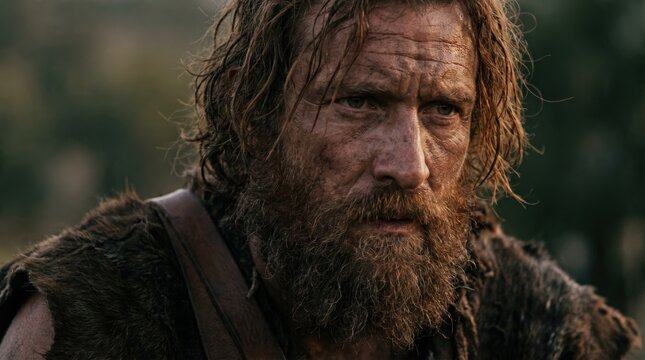 Close up portrait of a rugged biblical hunter in animal fur. Esau old testament character concept