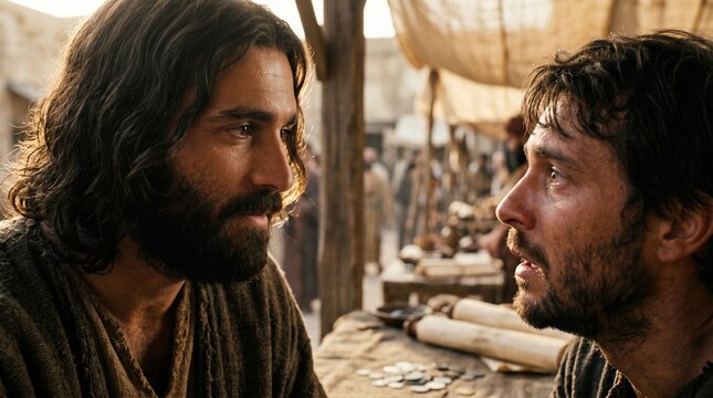 Jesus Christ calling Matthew the tax collector. Two biblical men talking face to face at a table with coins and scrolls in an ancient market