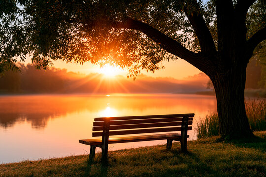 Peaceful park bench under a big tree by the lake at sunset