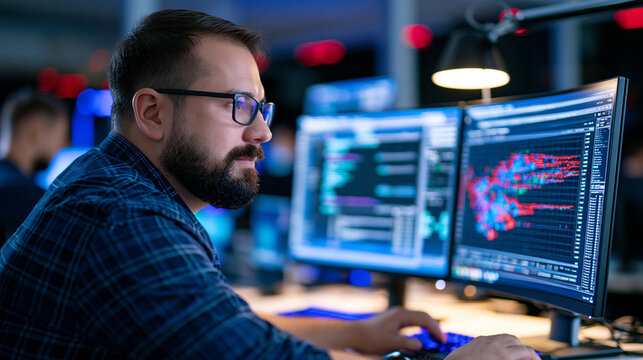 Bioinformatics analyst builds a genomic data processing pipeline on dual curved monitors, terminal windows showing variant calling scripts alongside interactive Manhattan plot visualizations in a da
