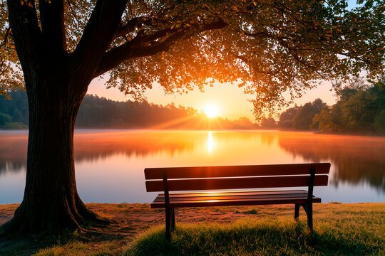 Peaceful park bench under a big tree by the lake at sunset
