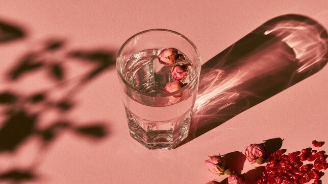 Refreshing drink with floral accents and artistic light patterns