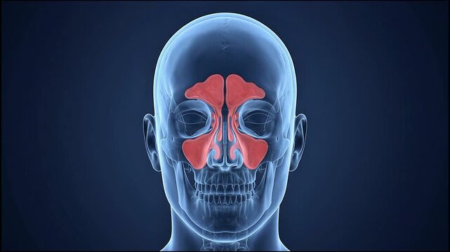 3D Medical Illustration of Human Sinus Cavity Congestion Anatomy on Blue Background