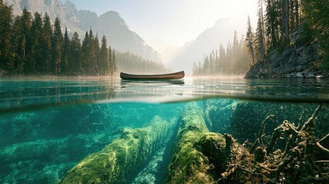 Tranquil canoe floats on clear lake, revealing submerged logs below