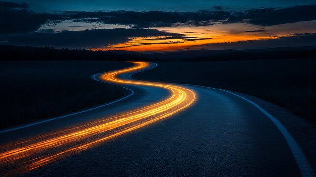 A winding asphalt road illuminated by long exposure light trails leads into a vibrant orange and blue sunset over a dark landscape