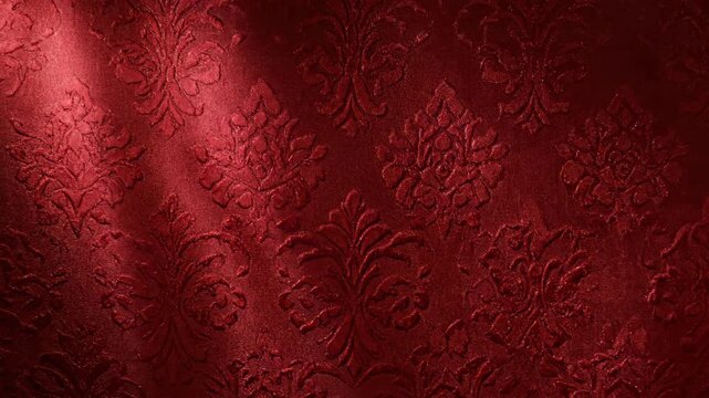 Rich Red Damask Fabric Background with Luxurious Ornate Floral Baroque Pattern Texture and Drapes, Ideal for Festive, Wedding, or Luxury Design Concepts