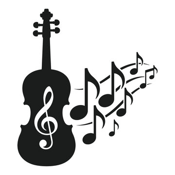 Black silhouette of violin with musical notes on white background icon