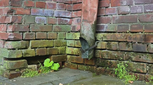 Green plants emerge and grow from the cracks in stone bricks. This action takes place in an outdoor setting, showcasing the resilience of nature in urban environments
