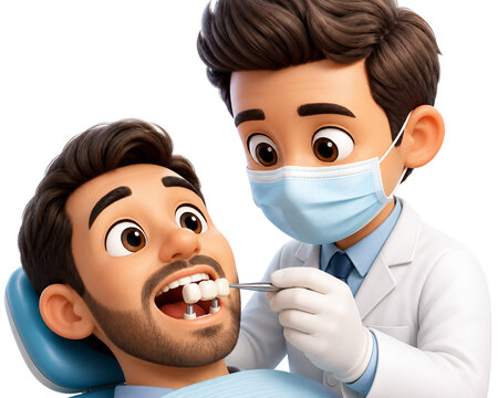 3D Cartoon Dentist Placing Dental Bridge On Patient Implants In Clinic