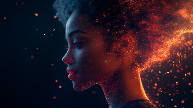 Dramatic portrait of a young woman's face dissolving into fiery particles, symbolizing transformation, energy, and the ephemeral nature of existence
