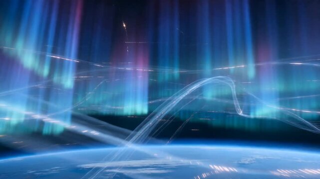 Vibrant northern lights illuminating the night sky over Earth, showcasing colors of turquoise, purple, and green waves