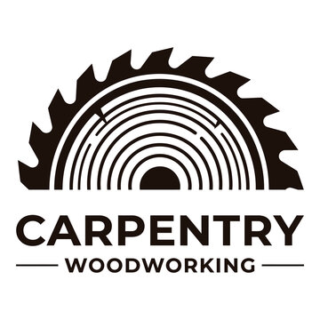 Carpentry woodworking logo with saw blade and wood grain pattern icon