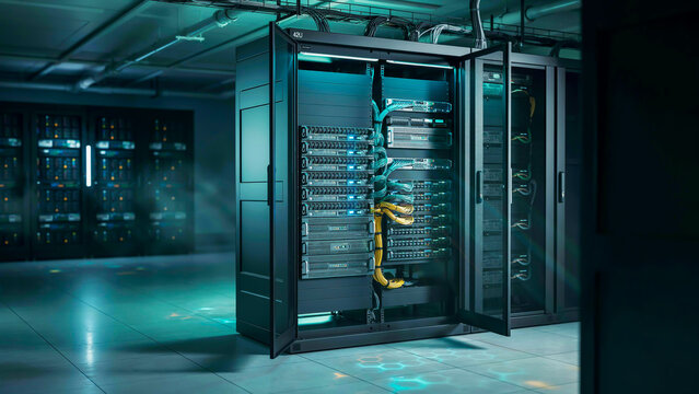 Futuristic network server room with professional data storage racks and blue neon lighting in a dark environment