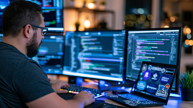 Open source software contributor in home office surrounded by monitor stack, pull-request review open on primary screen, community collaboration channel active on secondary, late-night developer env
