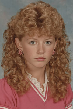 people of ai, yearbook photography of a person with long curly strawberry-blond hair, bored neutral expression, wearing pink school sweater, 1980s portrait brown, photorealistic