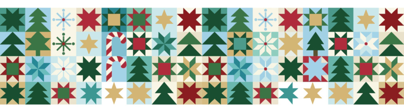 Festive Winter Holiday Quilt Pattern Border with Pine Trees and Stars