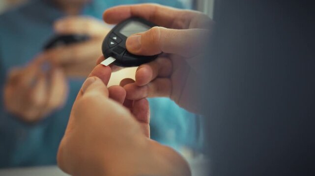 A man stands in front of a bathroom mirror, carefully using a glucometer to check his blood sugar levels. This crucial process involves a quick finger prick and a clear reading on the device