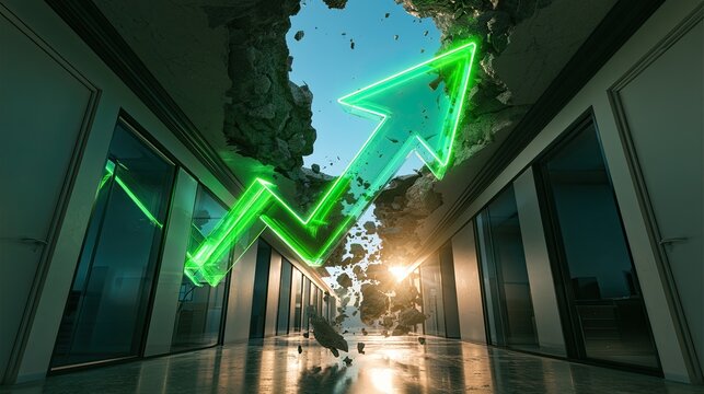 Ascending arrow breaks through ceiling, symbolizing growth and breakthrough