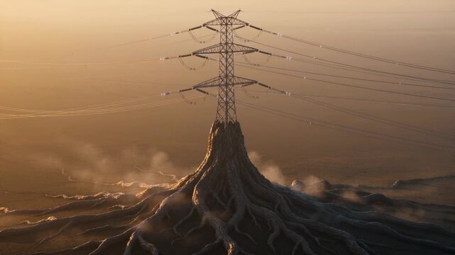 Aerial view of a unique power structure with intricate wires glowing in warm light at sunset