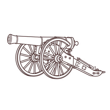 Vintage Cannon Outline Drawing, Historical Artillery Weapon, Old Military Gun