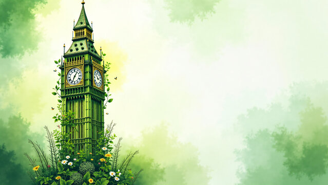 Vibrant green watercolor of Big Ben surrounded by botanical elements in natural light