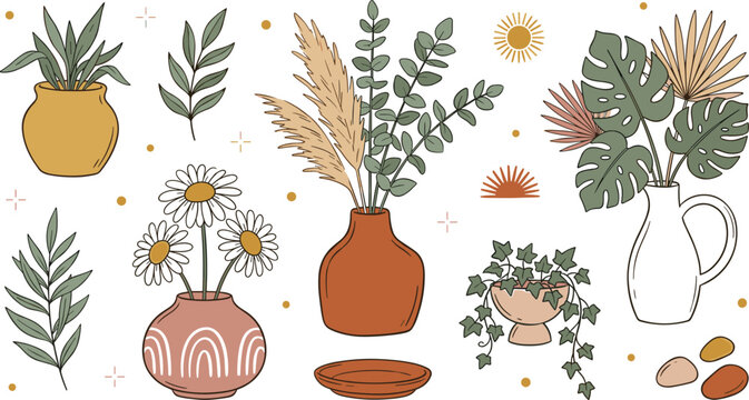 Boho botanical home decor collection featuring dried pampas grass, eucalyptus, monstera leaves, ceramic vases, daisy flowers, and indoor plants flat vector illustration