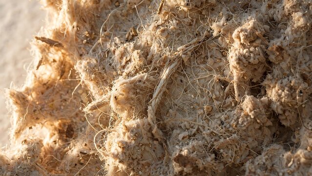 Macro close up texture displaying fibrous recycled paper pulp surface details under warm sunlight with displays highly detailed pulp organic textures