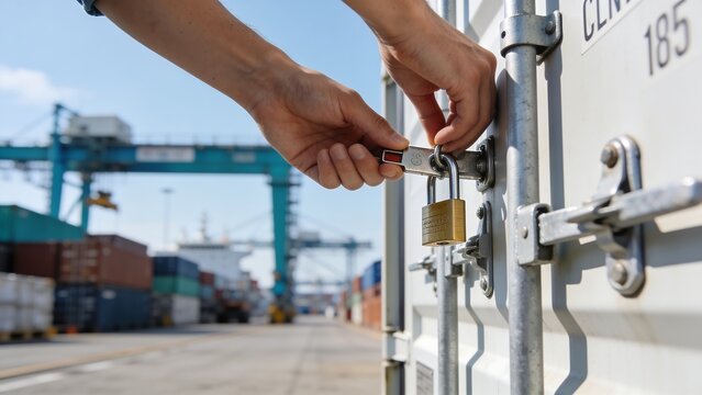 Generative AI depicting a worker locking a shipping container at a busy port