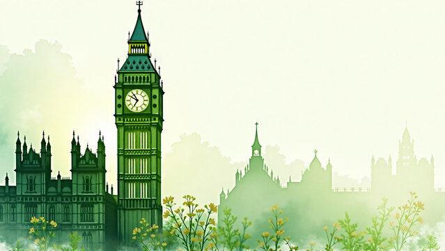 Watercolor silhouette of Big Ben with botanical vines and flowers in soft eco-friendly tones