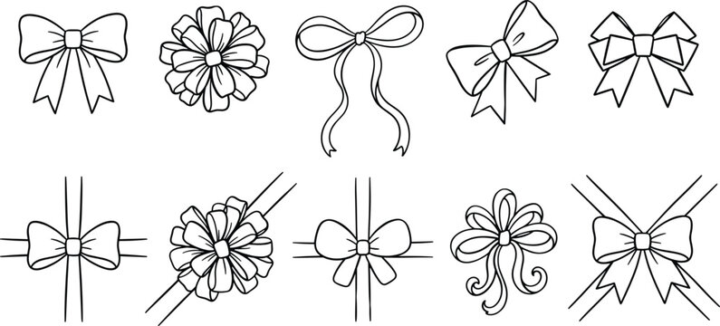 Hand Drawn Bow and Ribbon Collection with Floral Designs for Gift Wrapping and Decoration