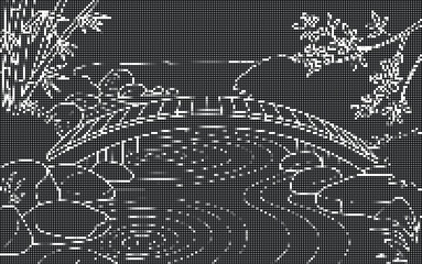 Fototapeta premium Minimal Japanese Garden Bridge with Flowing River Dashed Line Vector Illustration