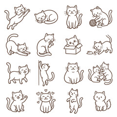 Obraz premium Cute cartoon cat line art outline vector icon set, kitten doodle collection in various poses, editable stroke