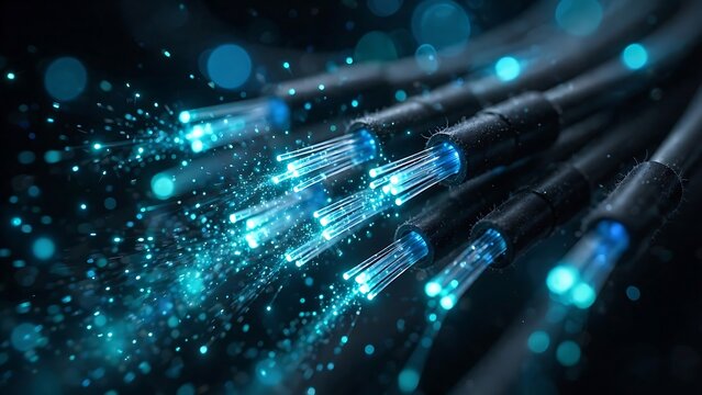 Macro view fiber optic cables transmitting glowing blue data signals through dark digital network space with displays close perspective light particles