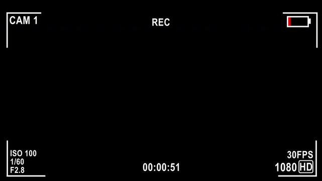 recording screen overlay with 10 minutes timer, camera recorder 1, iso 100, shutter 160, f2.8, HD 1080 pixel 30fps, low battery with red bar blink animation on transparent background, 4k video