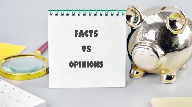 A series of images illustrating the difference between facts and opinions using a simple format and clear items on a desk
