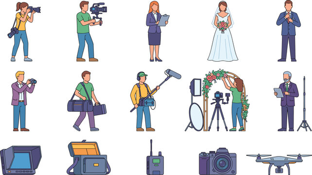 Wedding Photography and Videography Team with Professional Event Equipment Illustration Collection