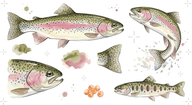 Rainbow trout fish collection featuring freshwater trout, fish anatomy, tail fin, and watercolor style wildlife illustration isolated on white background