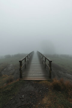 Old wooden bridge disappearing into the fog &mdash; part of a folk horror and dark poetry series
