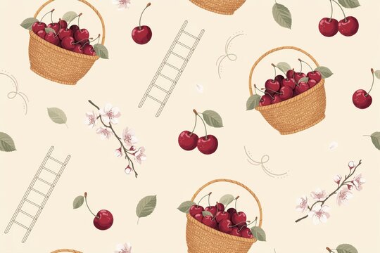 Seamless pattern featuring wicker baskets filled with ripe red cherries, wooden ladders, and delicate cherry blossom branches on cream background