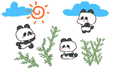 Adorable kawaii baby panda clipart set featuring cute pandas in various happy poses, green bamboo trees, blue clouds, and a bright sun © SP_pin