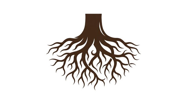 A brown vector illustration of a complex and detailed tree root system spreading out widely, isolated on a clean white background