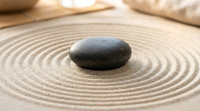 Single smooth black pebble centered within concentric circular patterns raked into fine white sand surface with resting center perfectly solitary dark stone